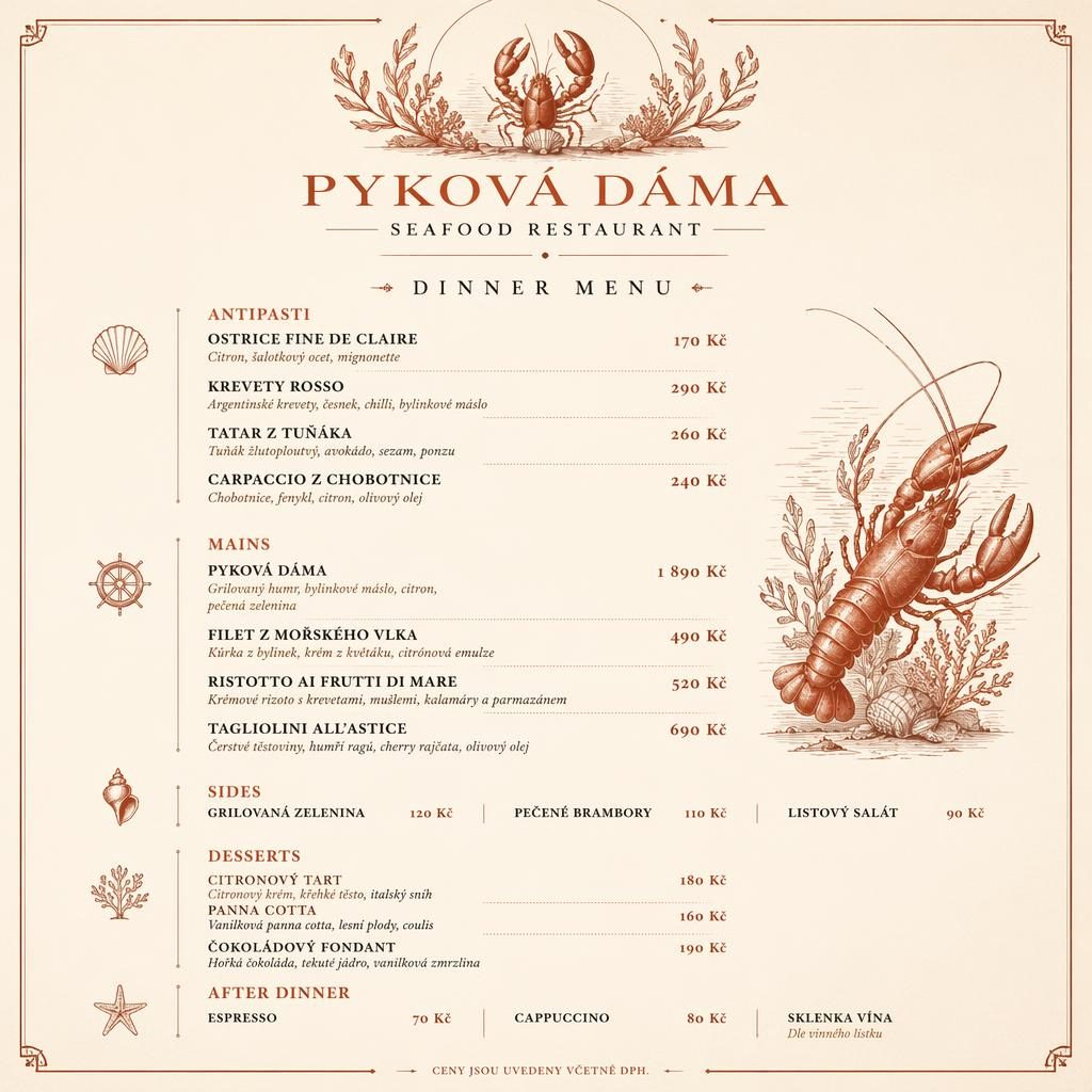 A4 menu karta ve stylu fine dining v teplé krémové a rezavé paletě s dekorativní hlavičkou, sekcemi a cenami.