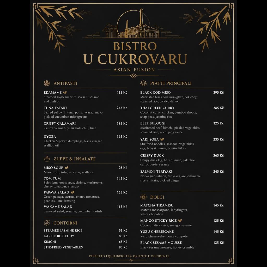 Luxusní menu karta A4 na výšku pro bistro u cukrovaru v černo-zlaté paletě s dekorativní hlavičkou a cenami.