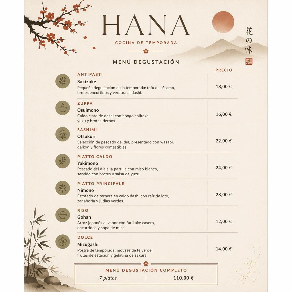 Tarjeta de menú A4 vertical estilo kaiseki japonés, paleta tierra cálida, encabezado decorativo, platos y precios.