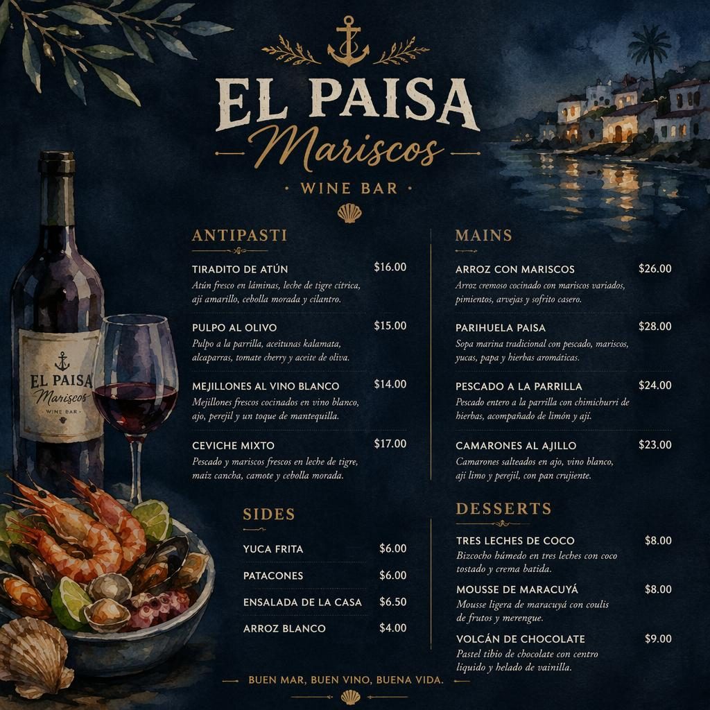 Carta de vinos A4 vertical para el paisa mariscos menu, estilo acuarela acogedor con paleta oscura y precios.