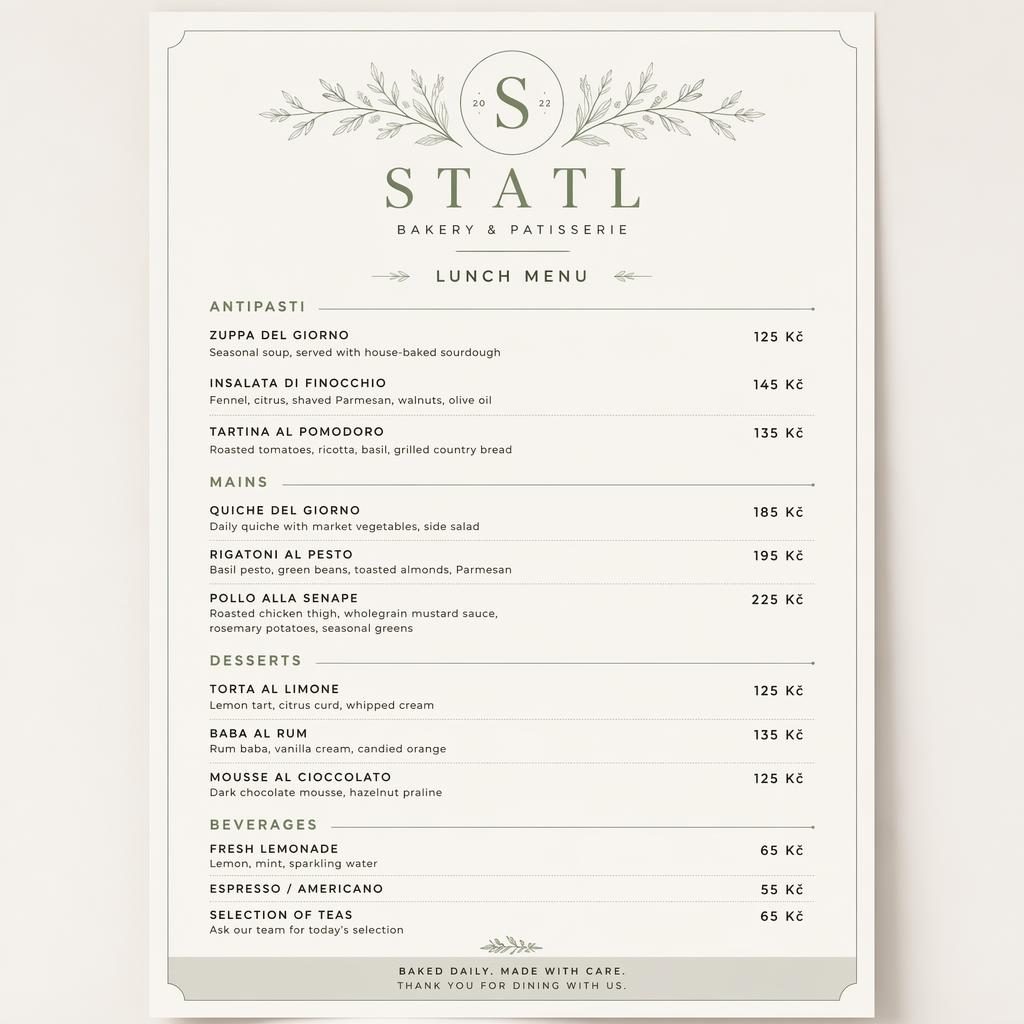 Tisková karta statl menu A4 na výšku v odstínech šalvěje a slonové kosti s čistou typografií a sloupcem cen.