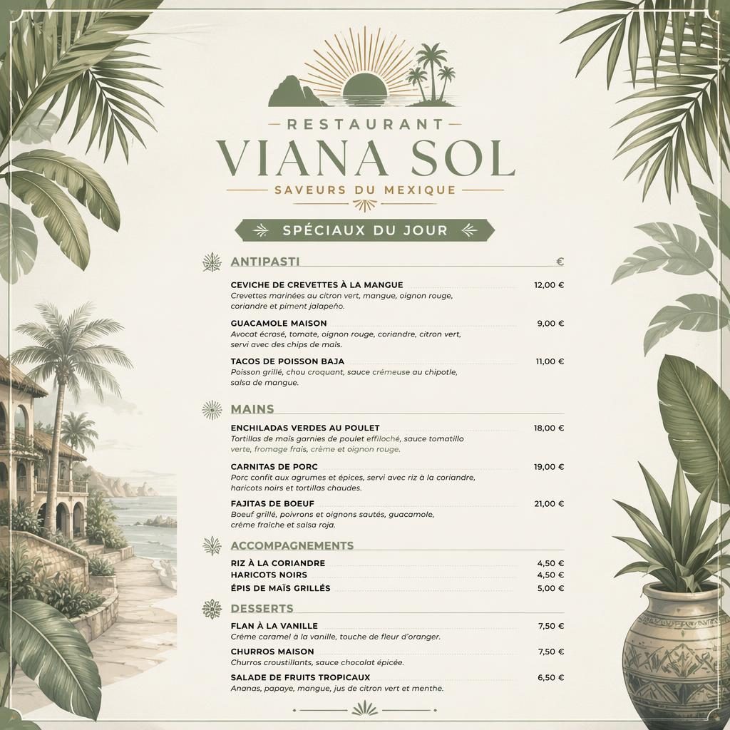 Carte du jour A4 en portrait pour restaurant viana sol, style resort tropical vert sauge et ivoire, rubriques, plats et prix.