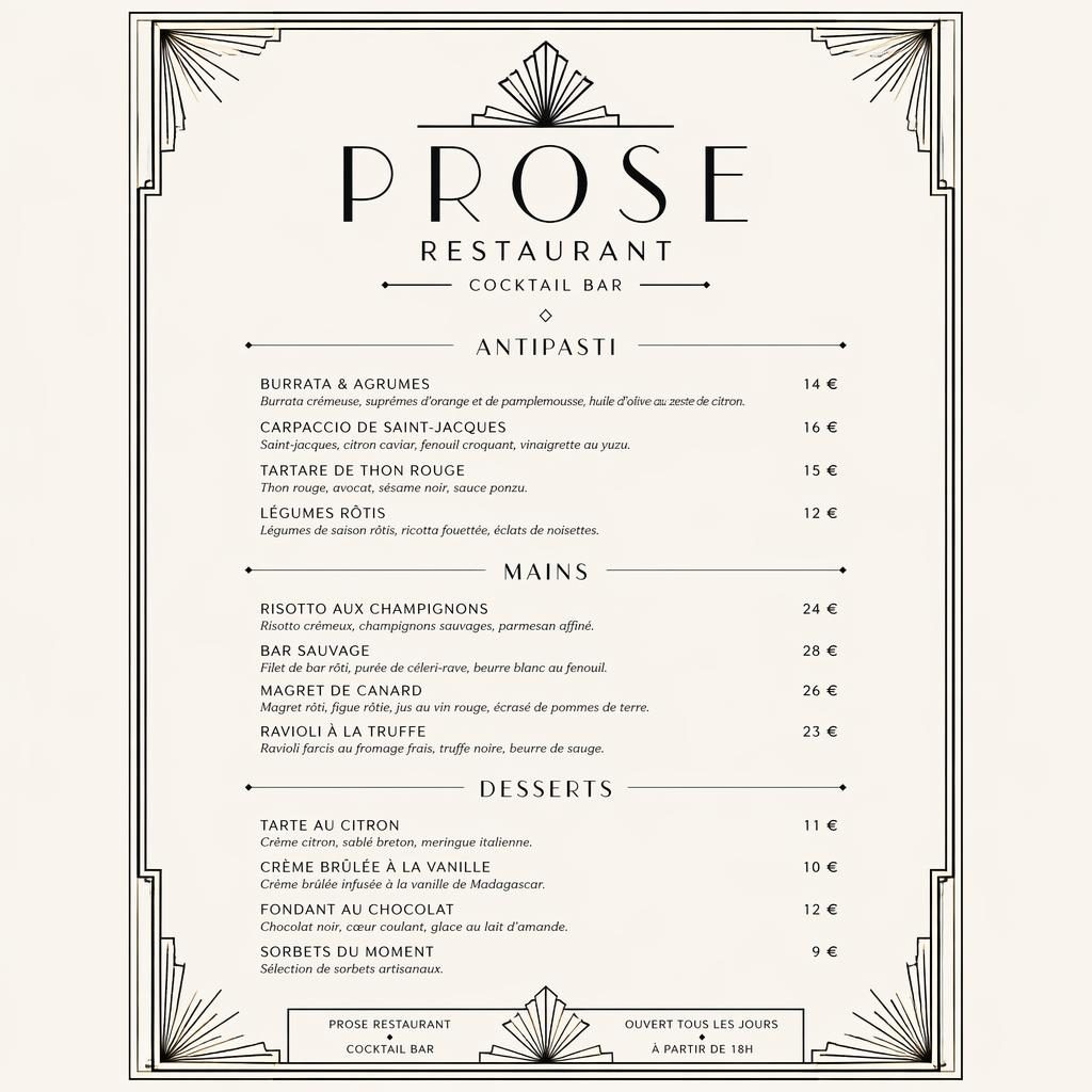 Carte dessert A4 en portrait pour prose restaurant, style art déco monochrome avec en-tête décoratif, rubriques et colonne de prix.