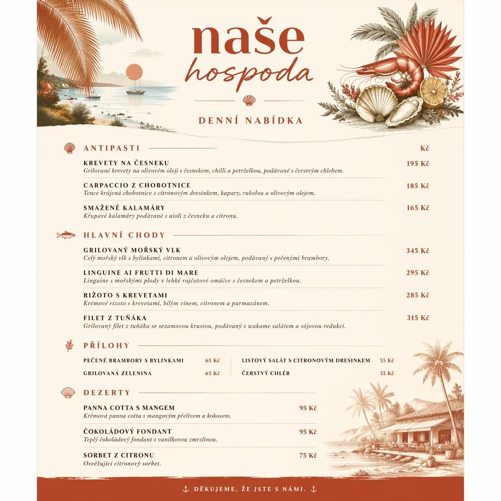 A4 menu karta na výšku pro naše hospoda s denní nabídkou mořských plodů v krémové a rezavé paletě.