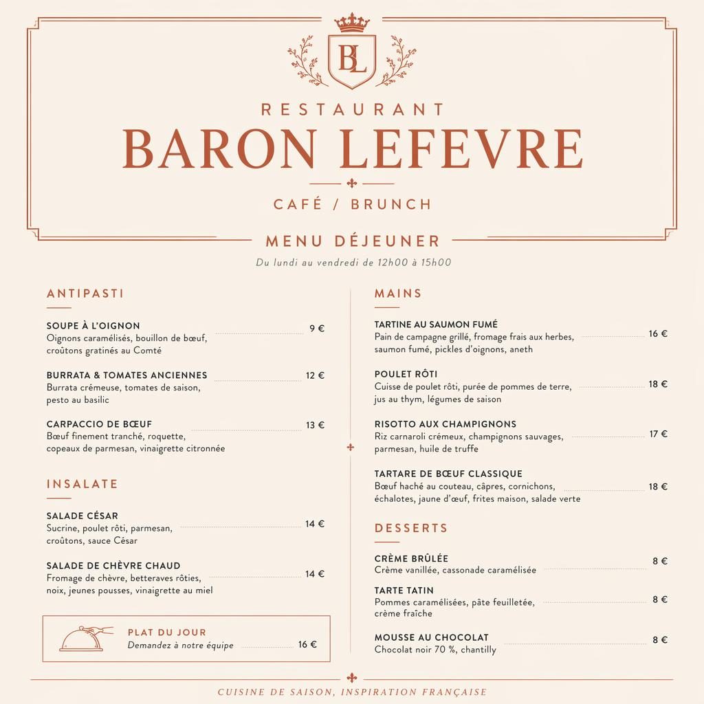 Carte de menu déjeuner A4 en style suisse minimaliste, palette crème et rouille, avec en-tête décoratif et colonne de prix.