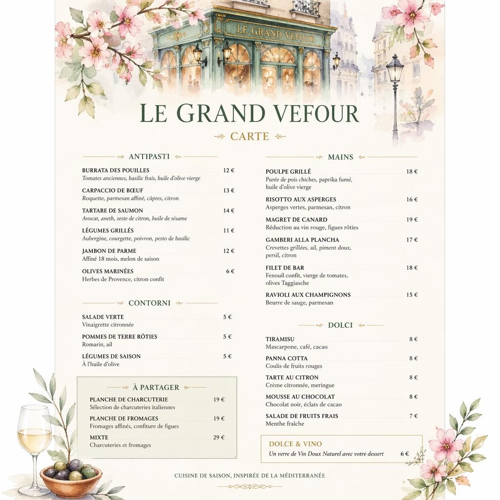 Carte des vins A4 en portrait, style aquarelle cosy aux tons printaniers, avec en-tête décoratif, rubriques et colonne de prix.