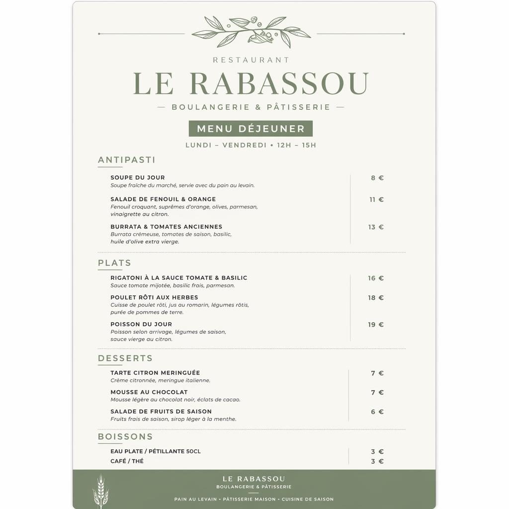 Carte de menu déjeuner A4 en style suisse minimaliste, palette sauge et ivoire, avec colonnes de plats et prix.