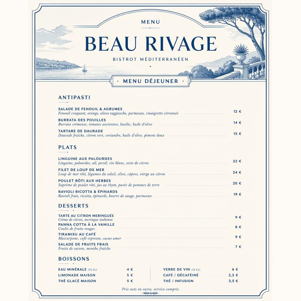 Carte de menu A4 portrait pour bistrot français, style suisse minimaliste bleu et crème, avec rubriques, plats et colonne de prix.