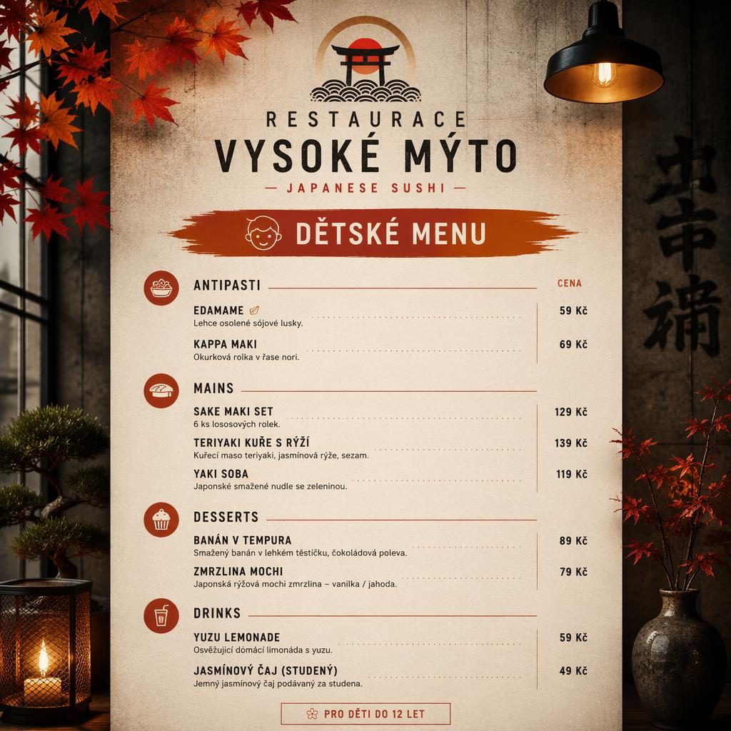 A4 dětské sushi menu pro restaurace vysoké mýto, industriální loft styl, podzimní paleta, ceny a zástupný text