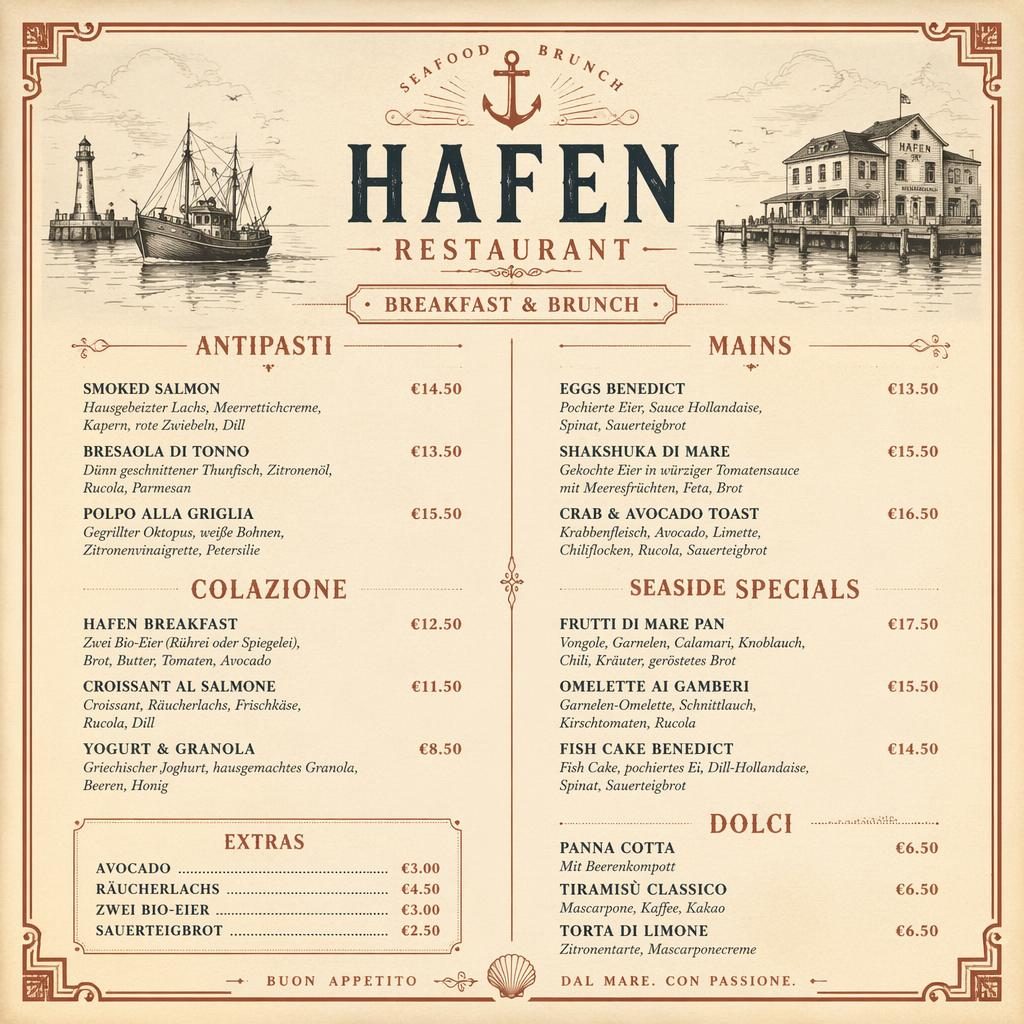 A4-Menükarte für hafen restaurant im Vintage-1920er-Stil, creme-rustikal mit Zierkopf, Platzhaltertext und Preisspalte