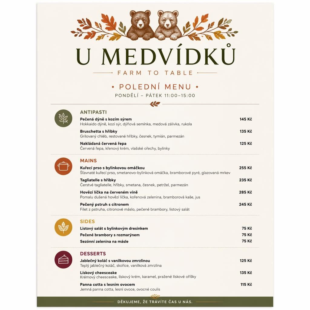 Minimalistický obědový menu lístek A4 pro u medvídků menu s podzimní paletou, sekcemi jídel a sloupcem cen.