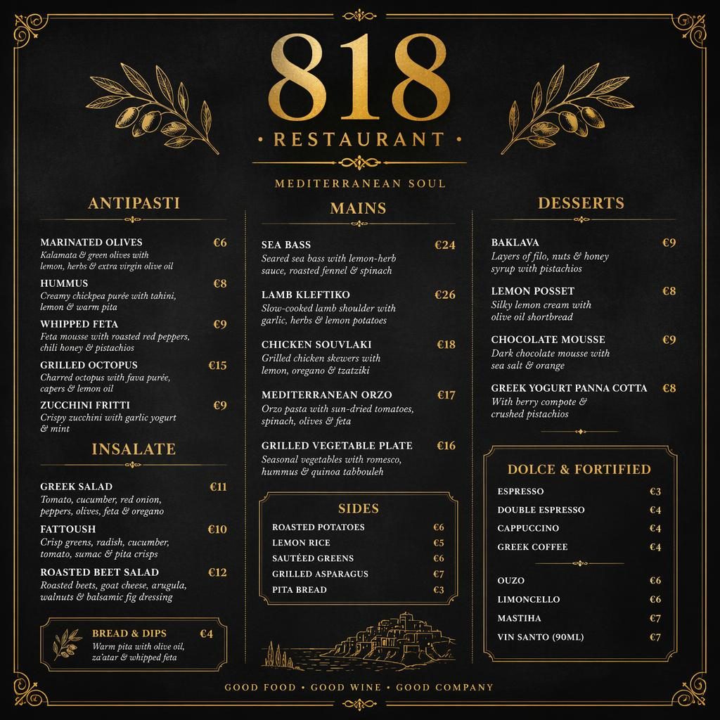 Ilustrace nápojového menu 818 restaurant ve formátu A4, černá tabule se zlatými prvky, sekce, ceny a dekorativní záhlaví.