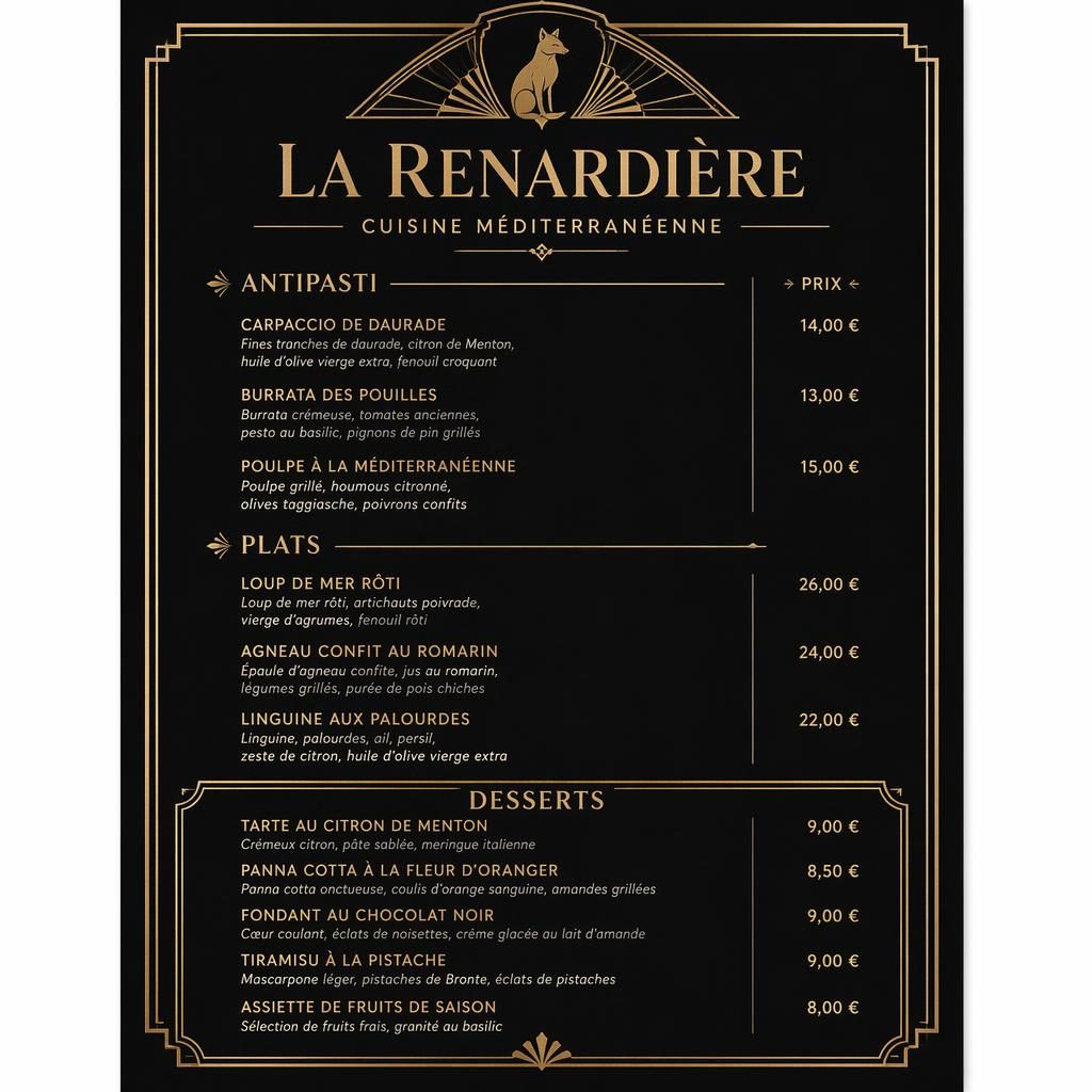 Carte de desserts A4 en style art déco noir et or, avec en-tête décoratif, typographie de menu et colonne de prix.