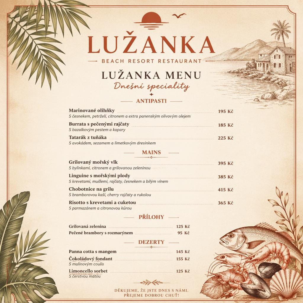 A4 jídelní lístek luzanka menu v tropickém resort stylu, krémová a rezavá paleta, sekce, ceny a dekorativní záhlaví.