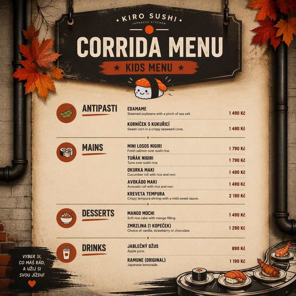 A4 jídelní lístek corrida menu pro děti, sushi styl, industriální loft, podzimní paleta, zástupná typografie a ceny
