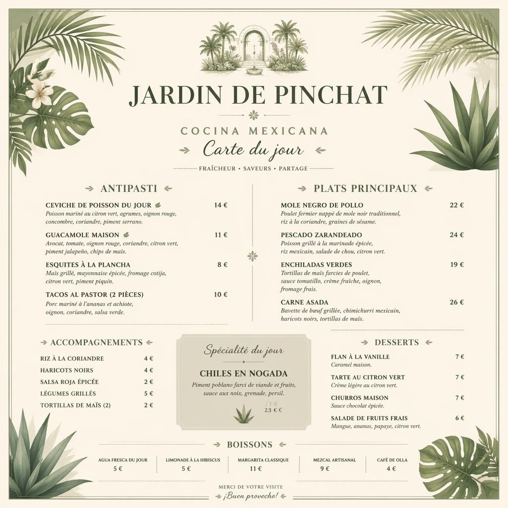Carte de menu A4 en portrait, style resort tropical vert sauge et ivoire, spécialités mexicaines avec en-tête décoratif.