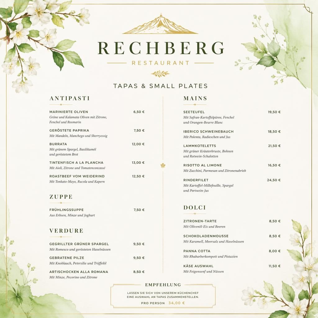 A4-Menükarte im Hochformat für rechberg restaurant mit elegantem Header, Frühlingsfarben, Platzhaltertext und Preisen.