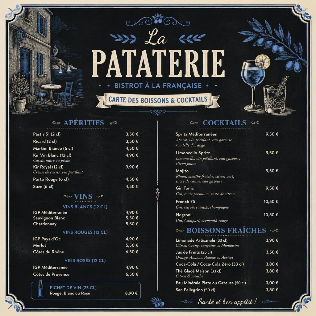 Carte de cocktails A4 en style ardoise, tons bleu méditerranéen et crème, avec en-tête décoratif et colonne de prix.