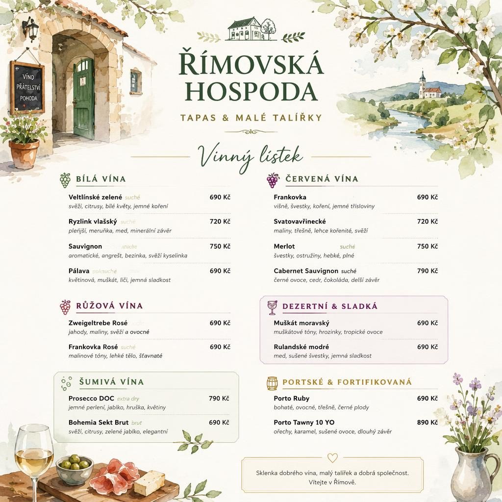 A4 vinný lístek pro římovskou hospodu v útulném akvarelovém stylu, s dekorativní hlavičkou, sekcemi a cenami.