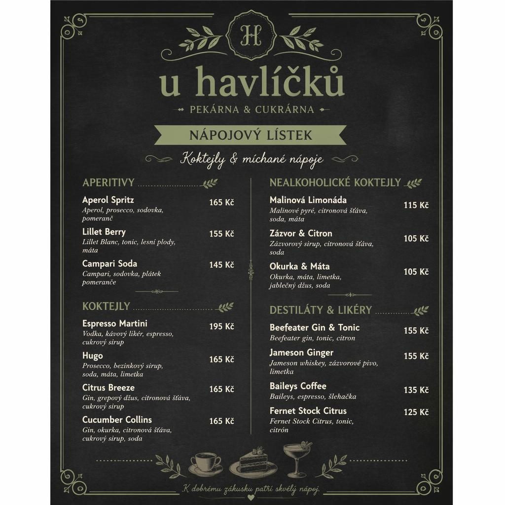 A4 nápojový lístek pro U Havlíčků v křídovém café stylu, šalvějová a slonovinová paleta, dekorativní záhlaví a ceny