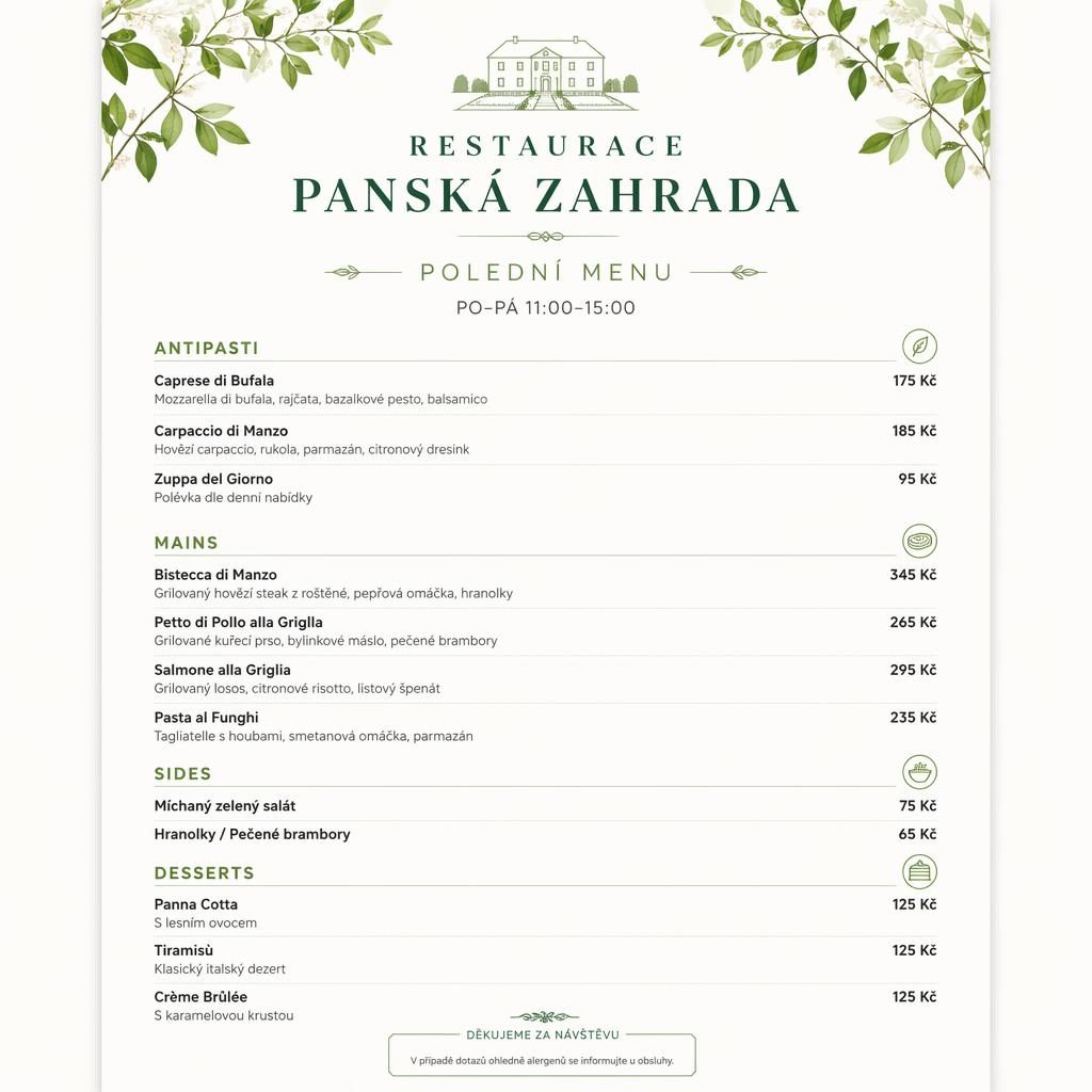A4 menu karta na výšku pro steakhouse restaurace panská zahrada, minimalistický švýcarský styl, jarní barvy a sloupec cen.