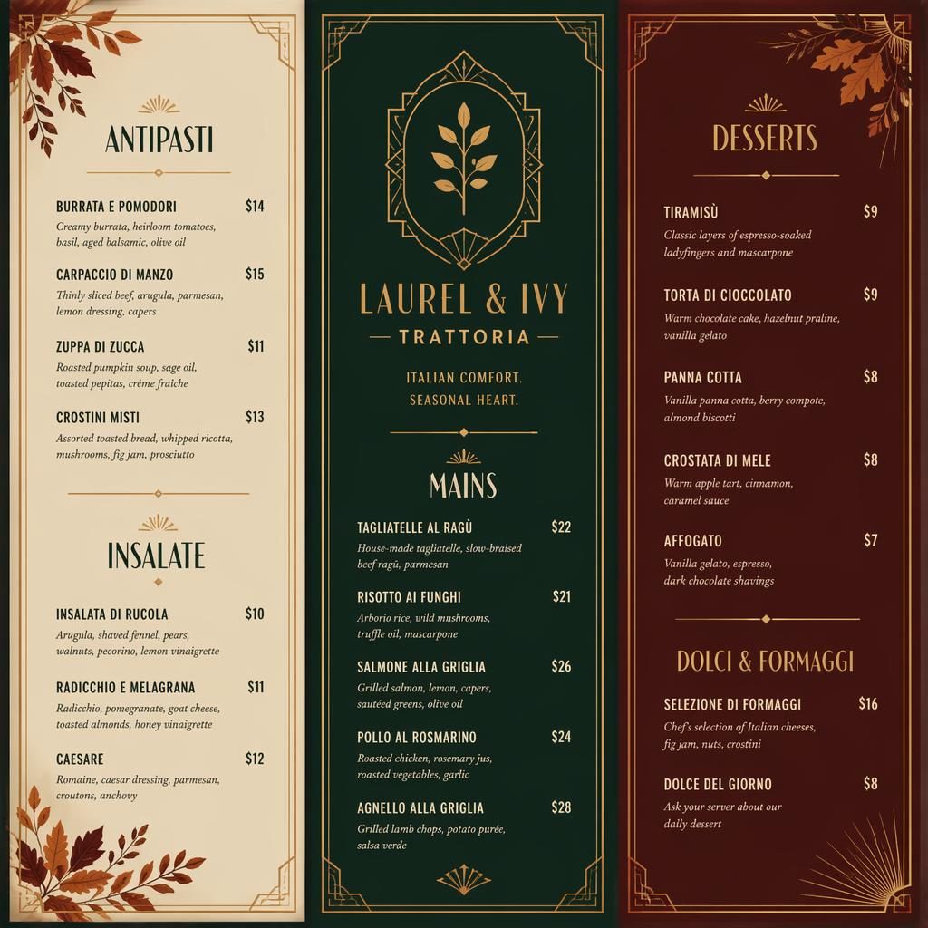 A4 portrait art deco dessert menu card with autumn palette, decorative header, placeholder dish names, descriptions, and prices.