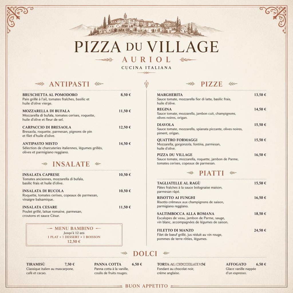 Carte de menu italien A4 en portrait, style luxe, tons terre chauds, en-tête décoratif, sections et colonne de prix.