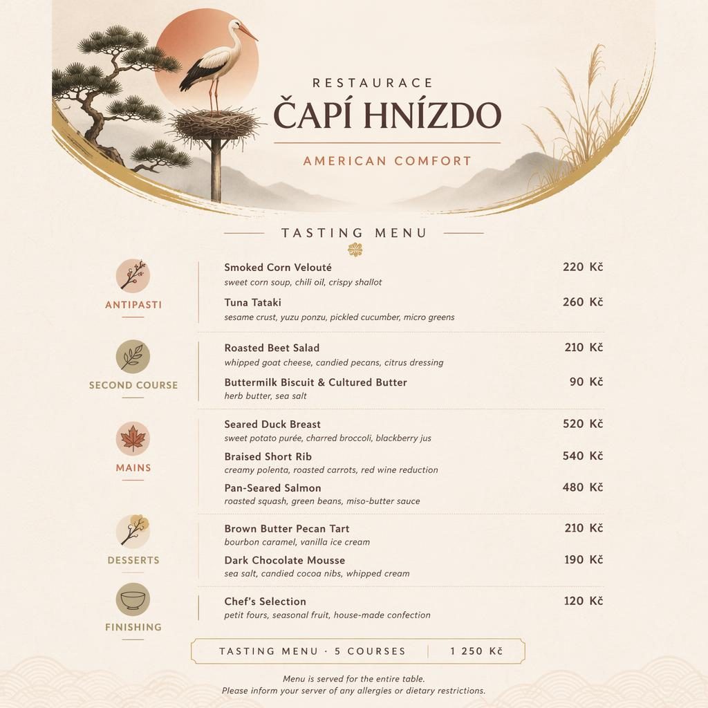 A4 jídelní lístek na výšku pro restaurace čapí hnízdo, japonské kaiseki rozvržení, teplé zemité tóny a sloupec cen.