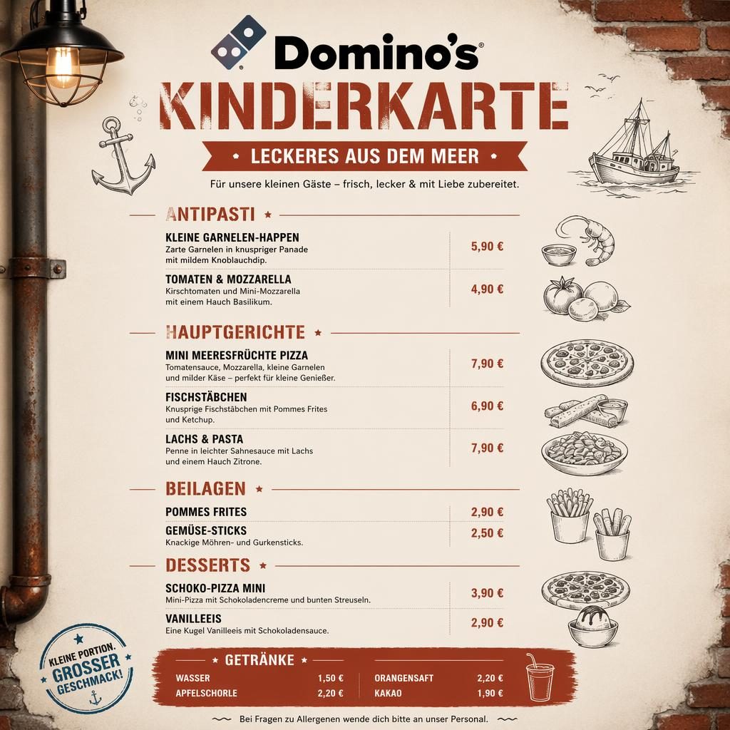 A4-Menükarte im Industrial-Loft-Stil in Creme und Rost für ein Seafood-Kids-Menü mit Platzhaltertext und Preisspalte.