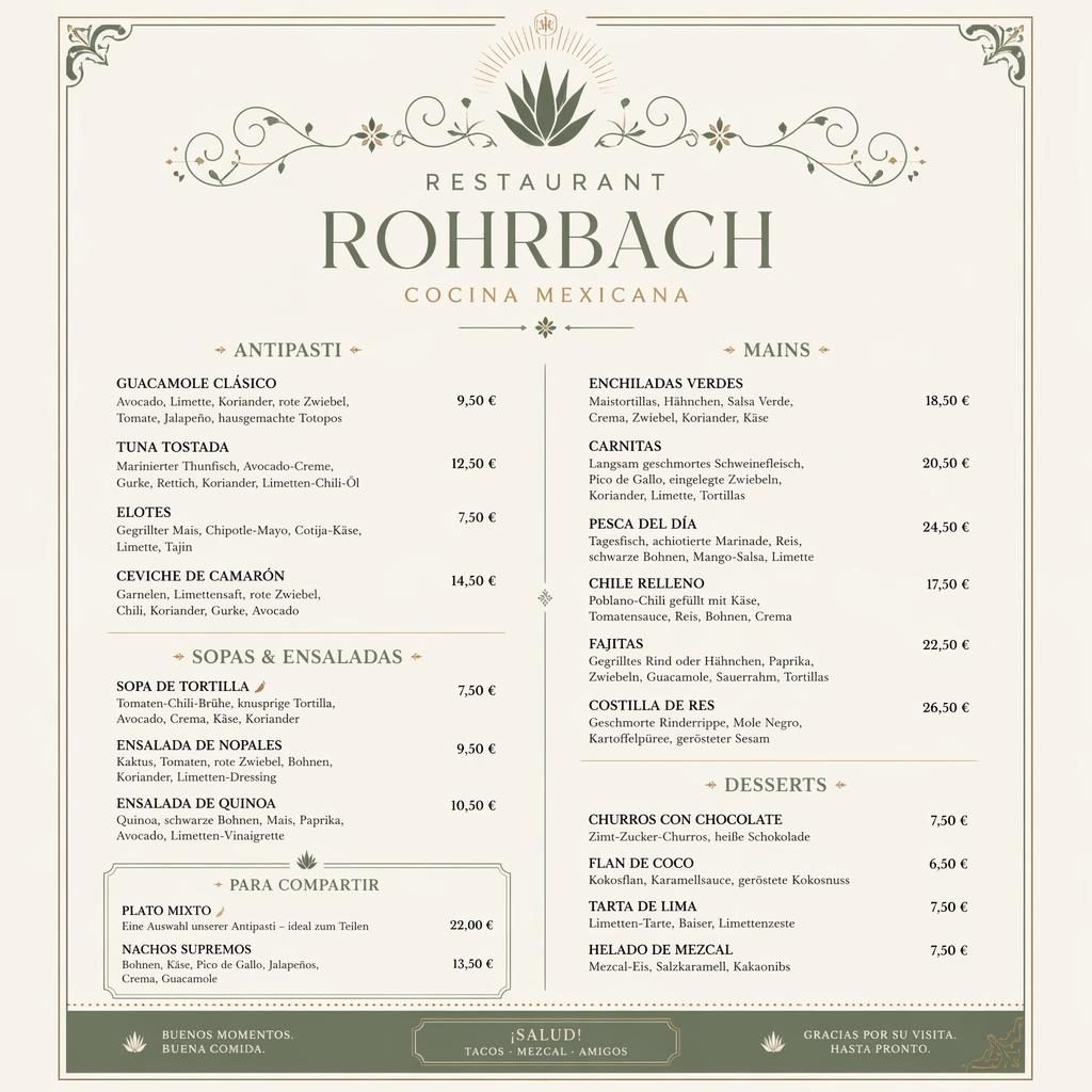 A4-Menükarte für Restaurant Rohrbach, mexikanisches Dinner, salbei-elfenbein, dekorativer Header, Preis-Spalte