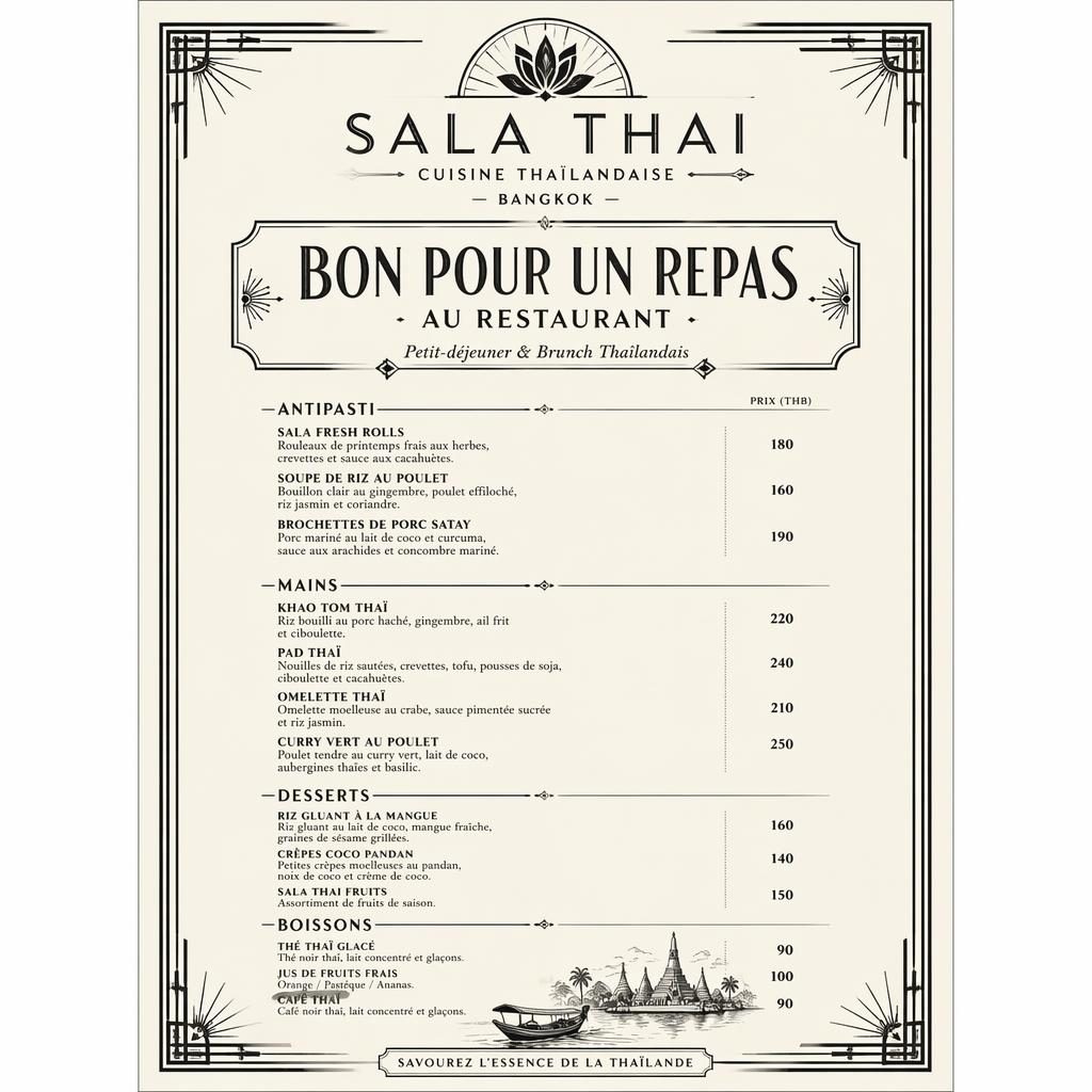 Carte de menu brunch thaï en format A4 portrait, style vintage 1920s monochrome, avec en-tête décoratif et colonne de prix.