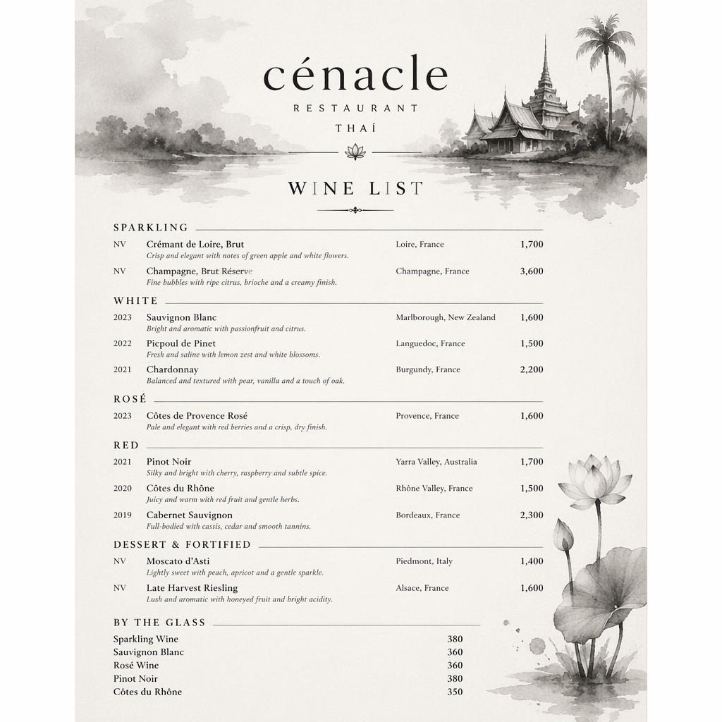 Carte des vins A4 en portrait pour cénacle restaurant, style aquarelle monochrome, en-tête décoratif et prix.