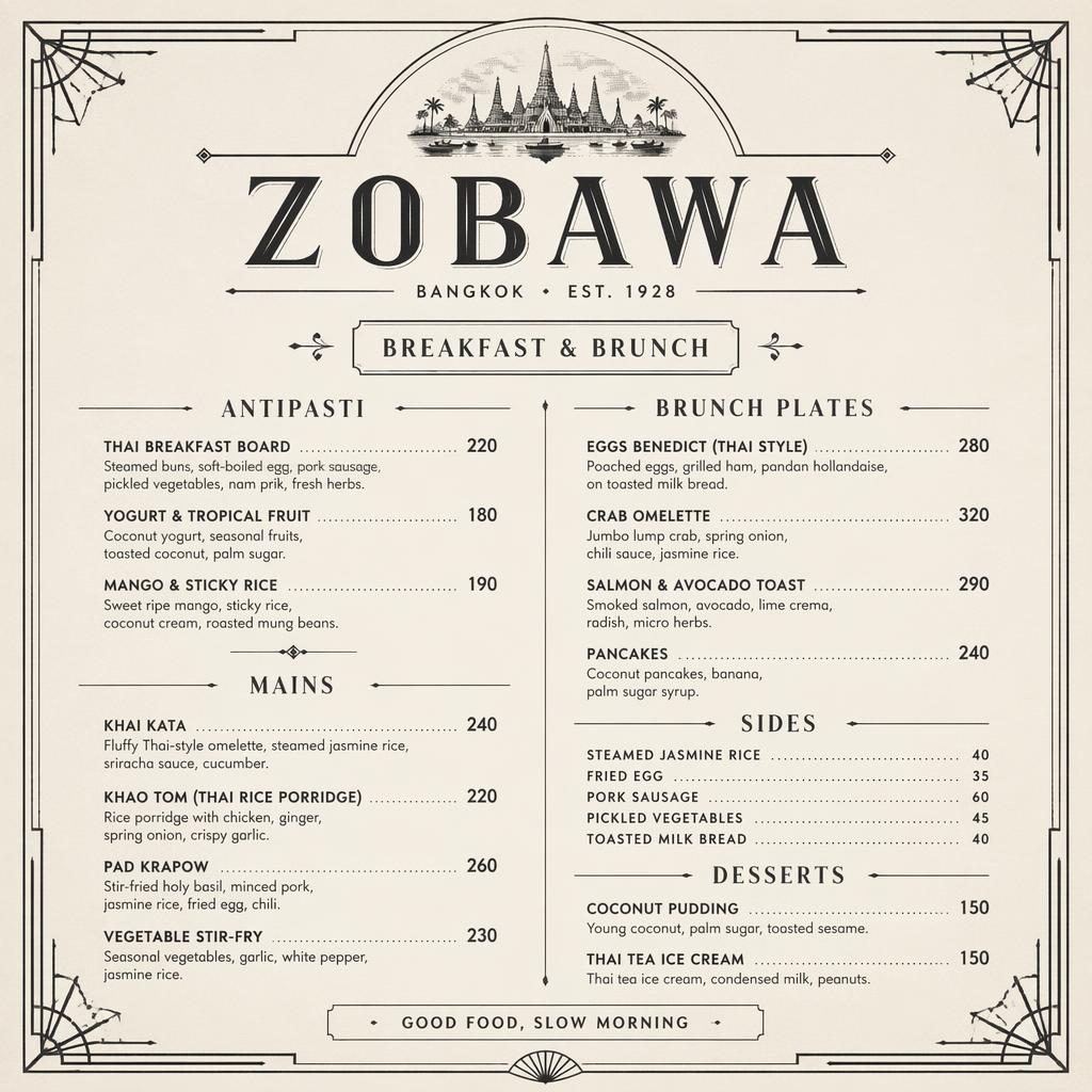 Vintage jídelní lístek A4 na výšku pro thajský brunch, monochromní styl 20. let, dekorativní záhlaví a ceny.