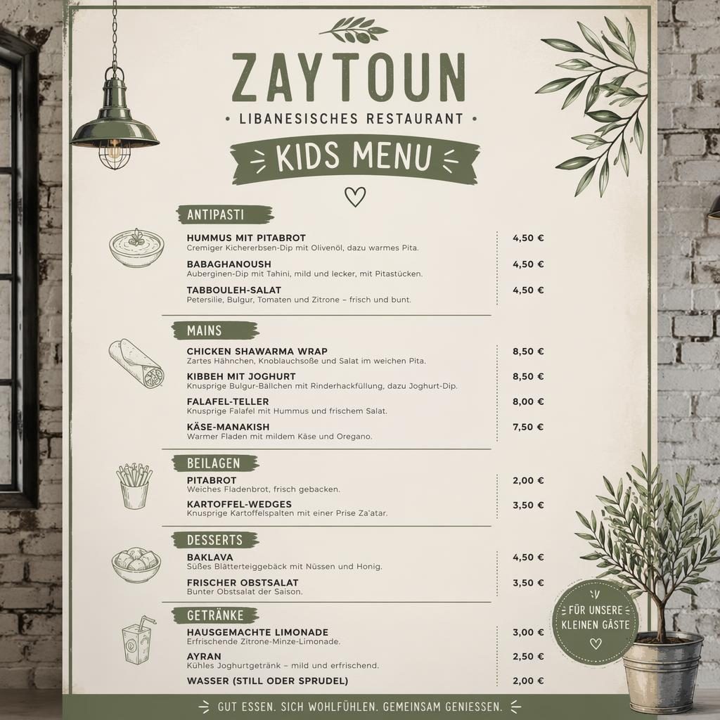 A4-Menükarte für Kinder im Industrial-Loft-Stil in Salbei und Elfenbein mit Platzhaltertext, Preisen und Deko-Header