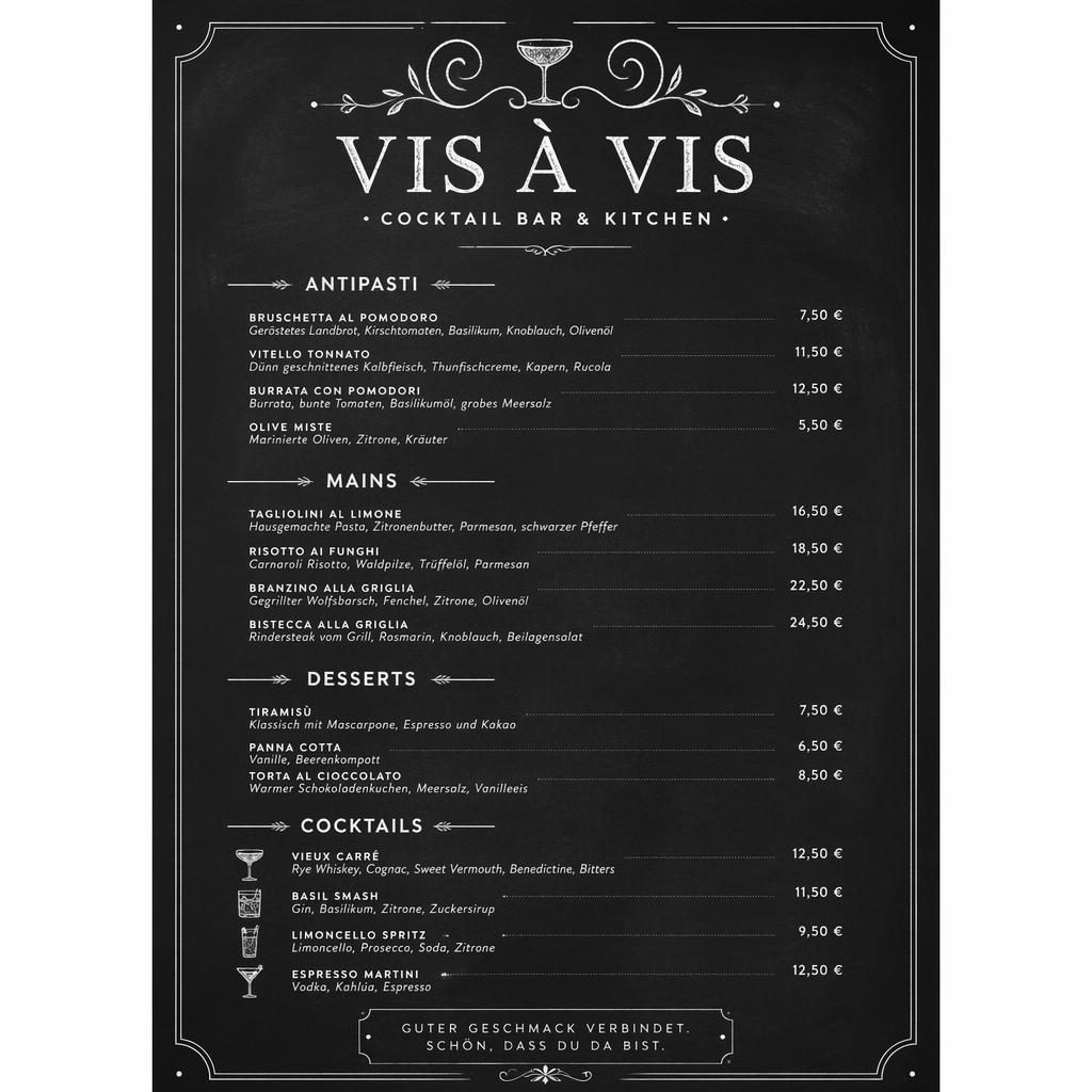 A4-Getränkekarte für restaurant vis a vis im monochromen Chalkboard-Stil mit dekorativem Kopf, Rubriken und Preisen