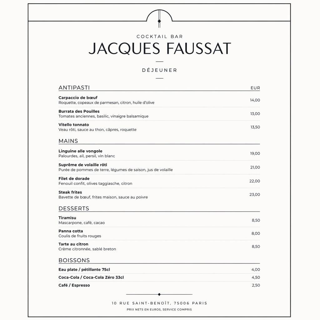 Carte de menu A4 portrait minimaliste monochrome, style suisse, avec en-tête décoratif, sections et colonne de prix.
