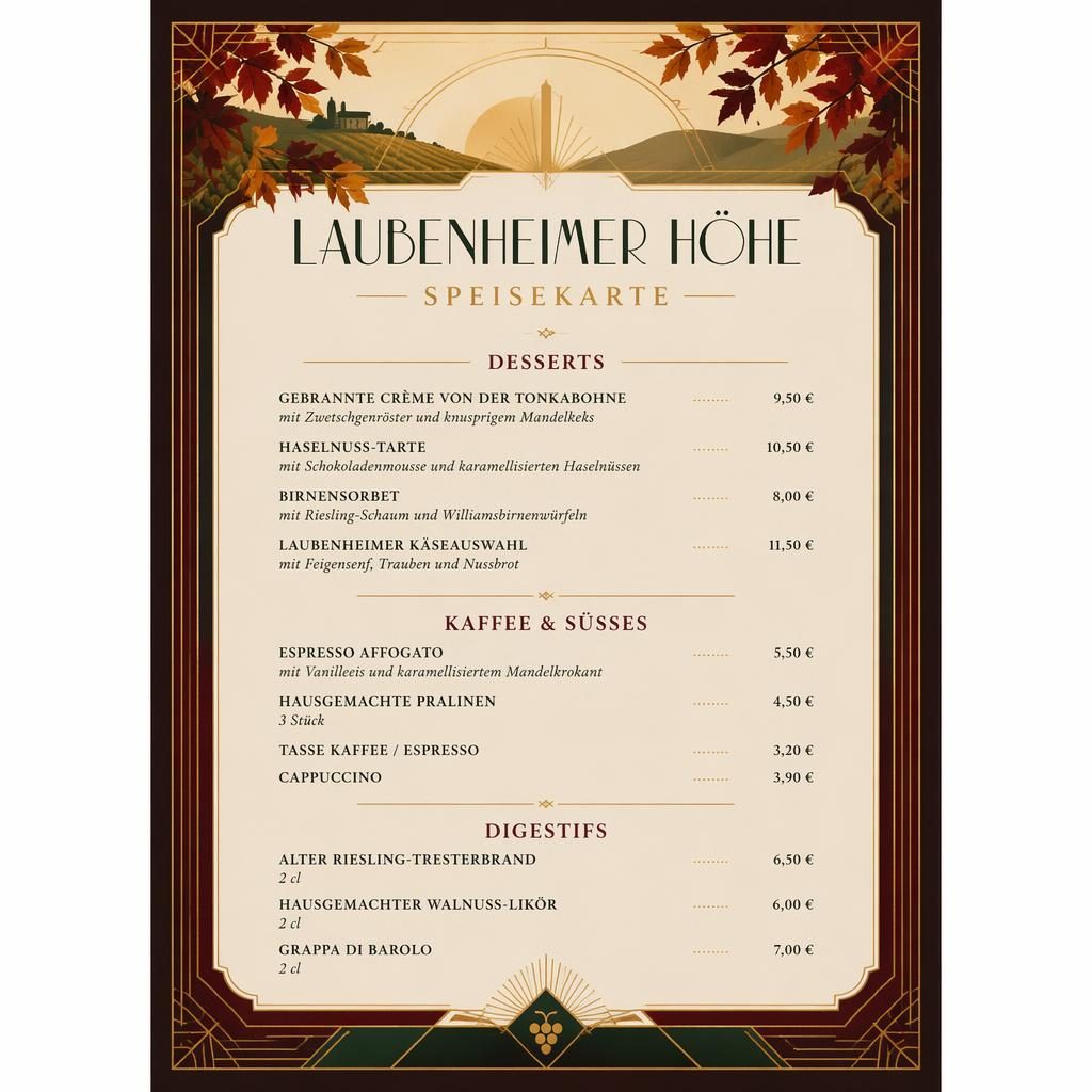 A4-Dessertkarte im Art-Déco-Stil für Laubenheimer Höhe mit Herbstfarben, Zierkopf, Platzhaltertext und Preisspalte.