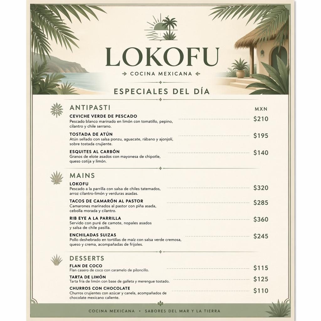 A4 menu karta pro lokofu v tropickém resort stylu, paleta šalvějová a slonová kost, dekorativní záhlaví a ceny.