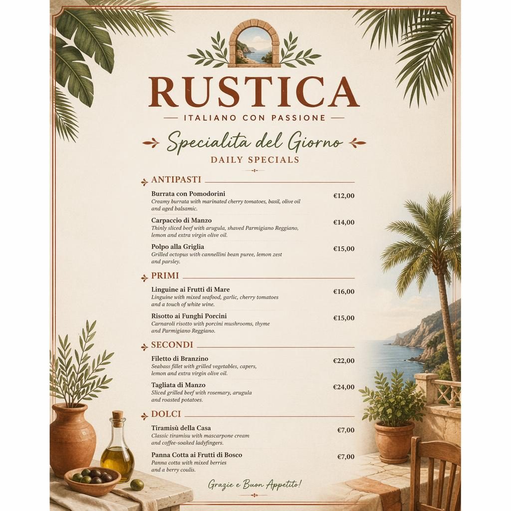 A4-Menükarte für Restaurant Rustica im tropischen Resort-Stil mit Tagesgerichten, Erdtonfarben, Rubriken und Preisspalte
