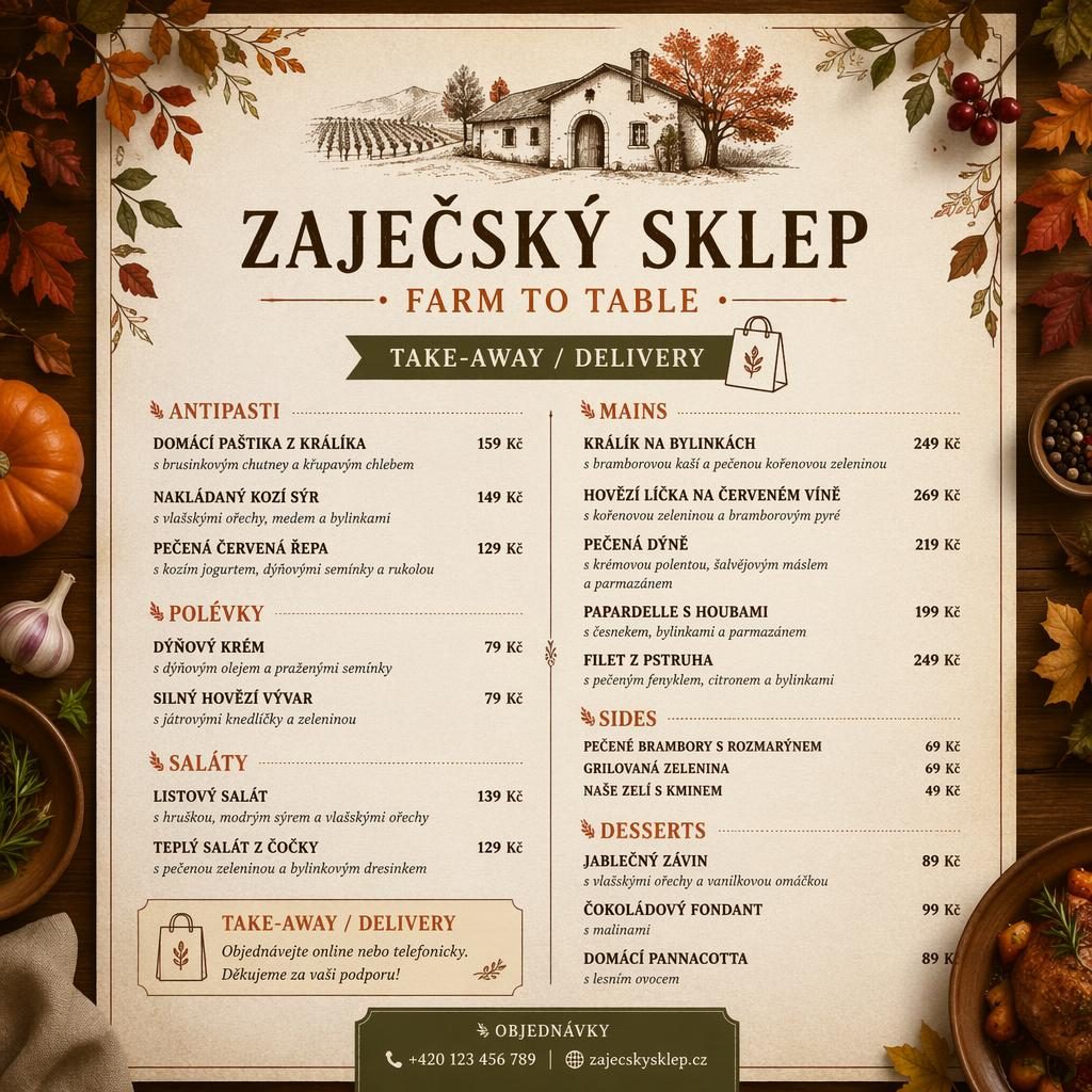 A4 menu karta zajecsky sklep na odnos, rustikální teplý podzimní design, sekce jídel, popisy a sloupec s cenami.