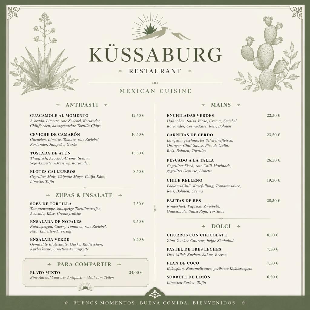 A4-Menükarte für küssaburg restaurant im mexikanischen Fine-Dining-Stil in Salbei und Elfenbein mit Preisen
