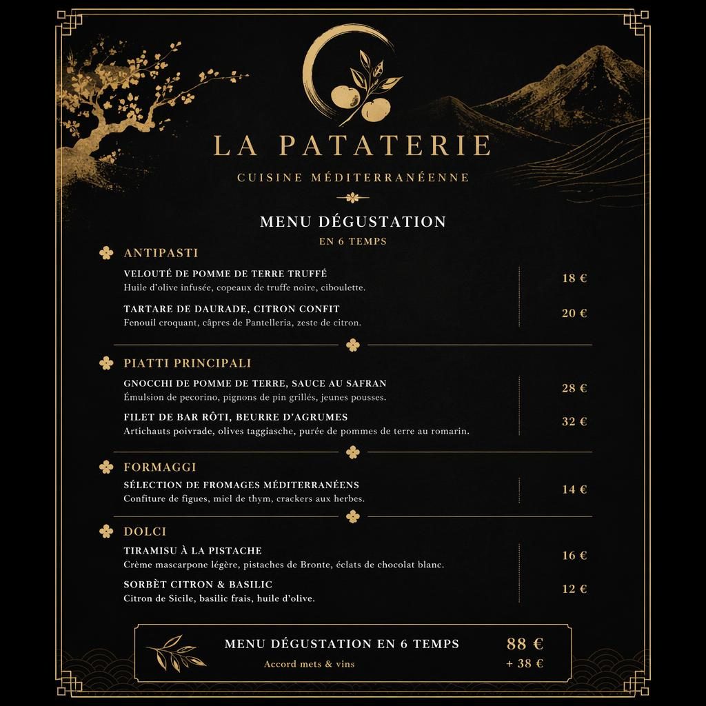 Carte de dégustation A4 en portrait, style kaiseki japonais, palette noir et or, en-tête décoratif, rubriques et prix.