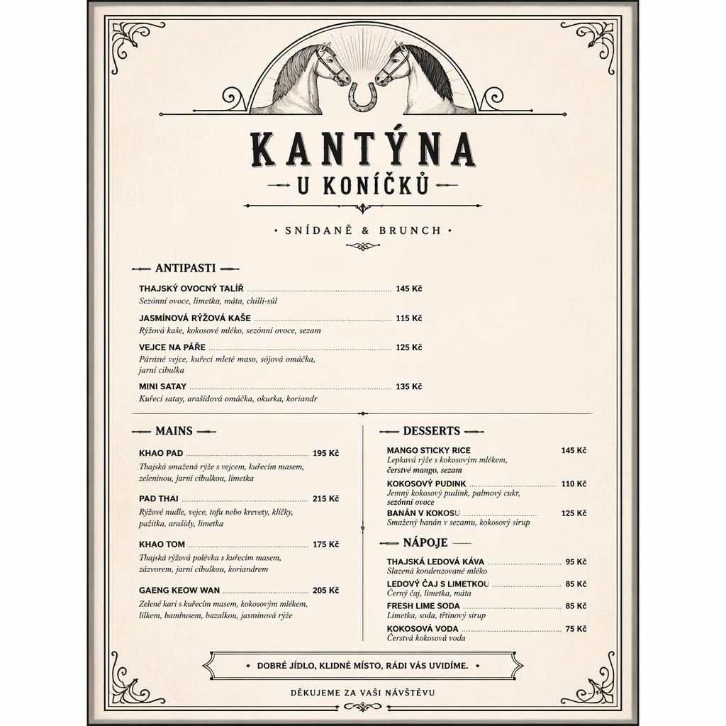 A4 jídelní lístek pro kantýnu u koníčků v thajském stylu, vintage 20. léta, černobílé rozvržení s cenami
