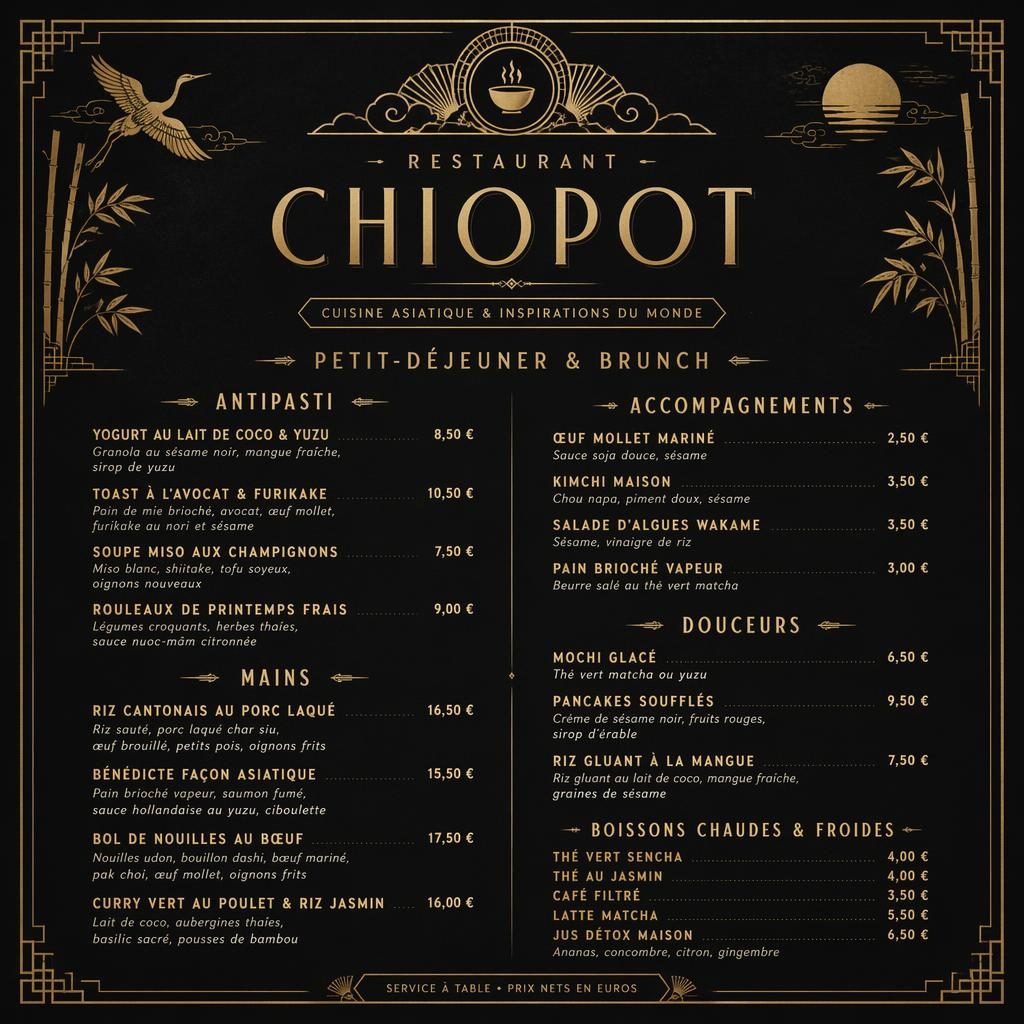 Carte de menu A4 en portrait, style années 1920 noir et or, avec en-tête décoratif, sections brunch et colonne de prix.