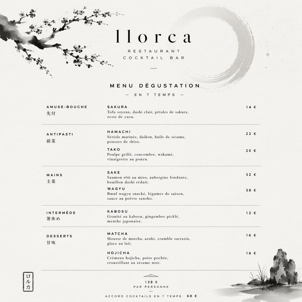 Carte de menu A4 en portrait pour llorca restaurant, style kaiseki japonais monochrome, en-tête décoratif, rubriques et prix.