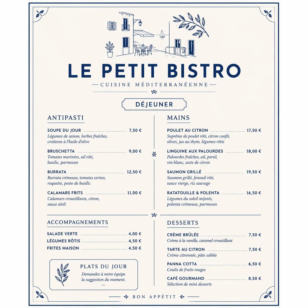 A4 portrait French bistro lunch menu decoration with minimalist Swiss layout in blue and cream, placeholder dishes and prices.