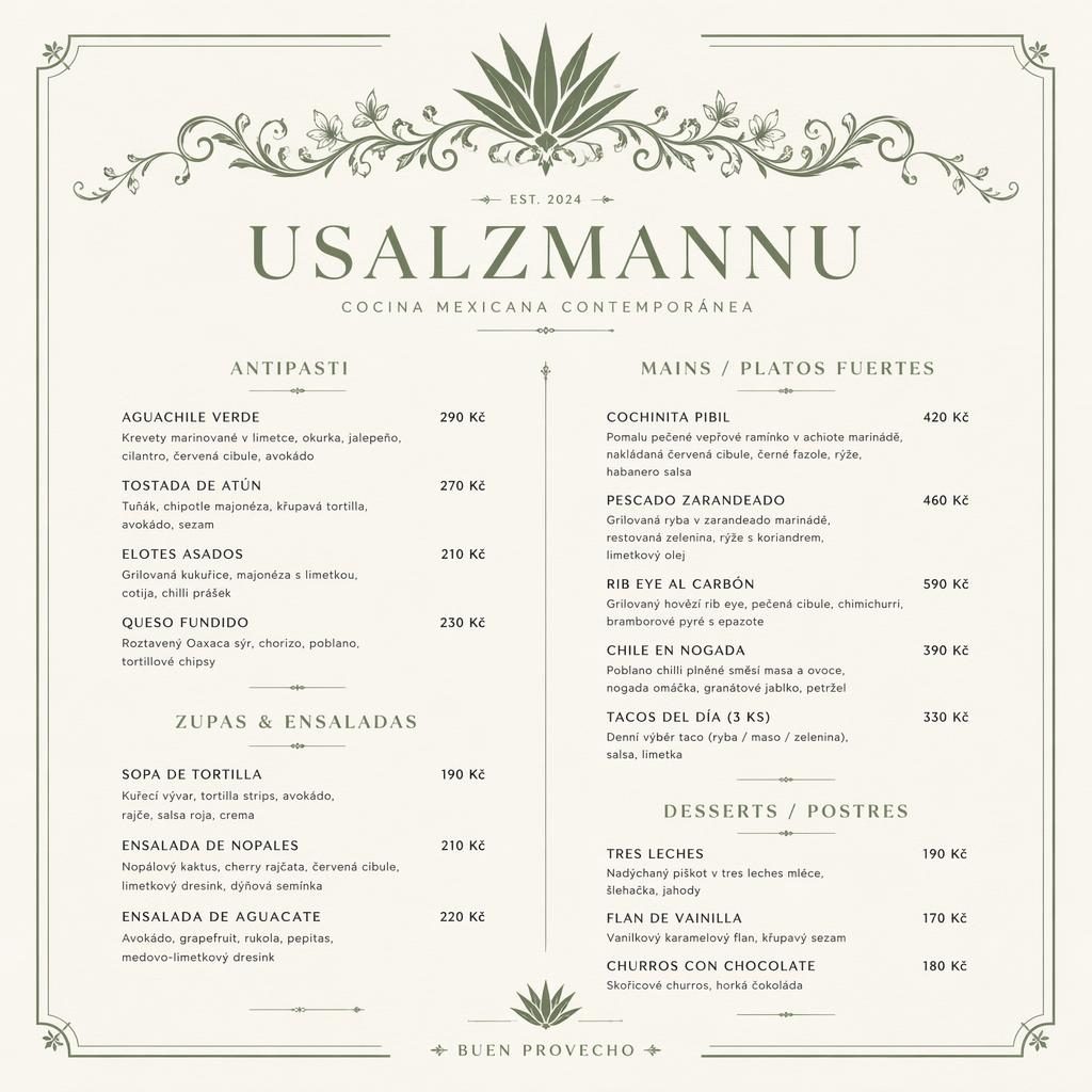 Luxusní menu karta A4 na výšku pro usalzmannu, mexická večeře, šalvějová a slonovinová paleta, ceny a sekce.
