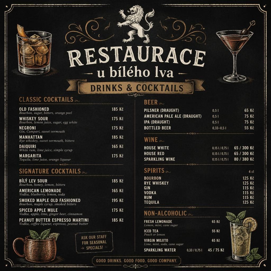 A4 koktejlový lístek restaurace u bílého lva v křídovém café stylu, teplé zemité barvy, dekorativní záhlaví a ceny