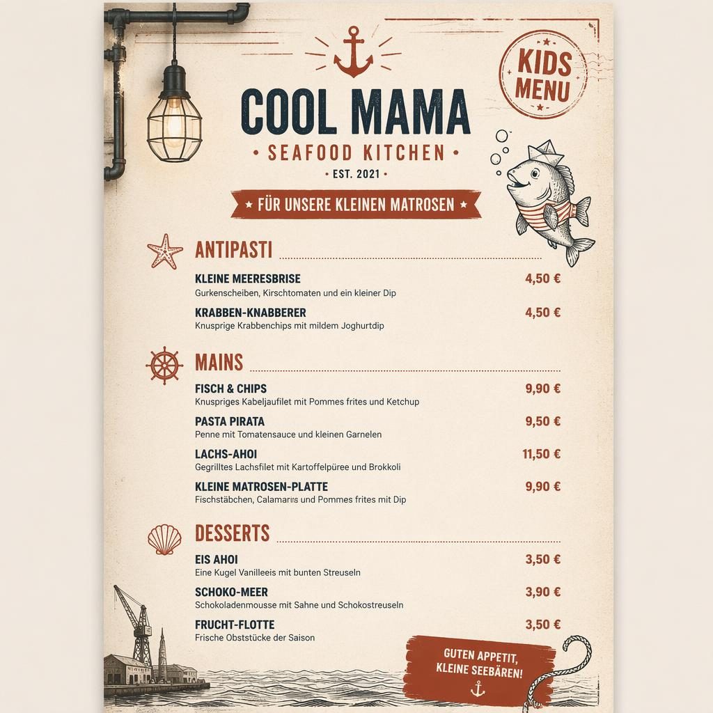 A4-Menükarte im Industrial-Loft-Stil in Creme und Rost, mit Seafood-Kindermenü, Zierkopf, Platzhaltertext und Preisspalte.