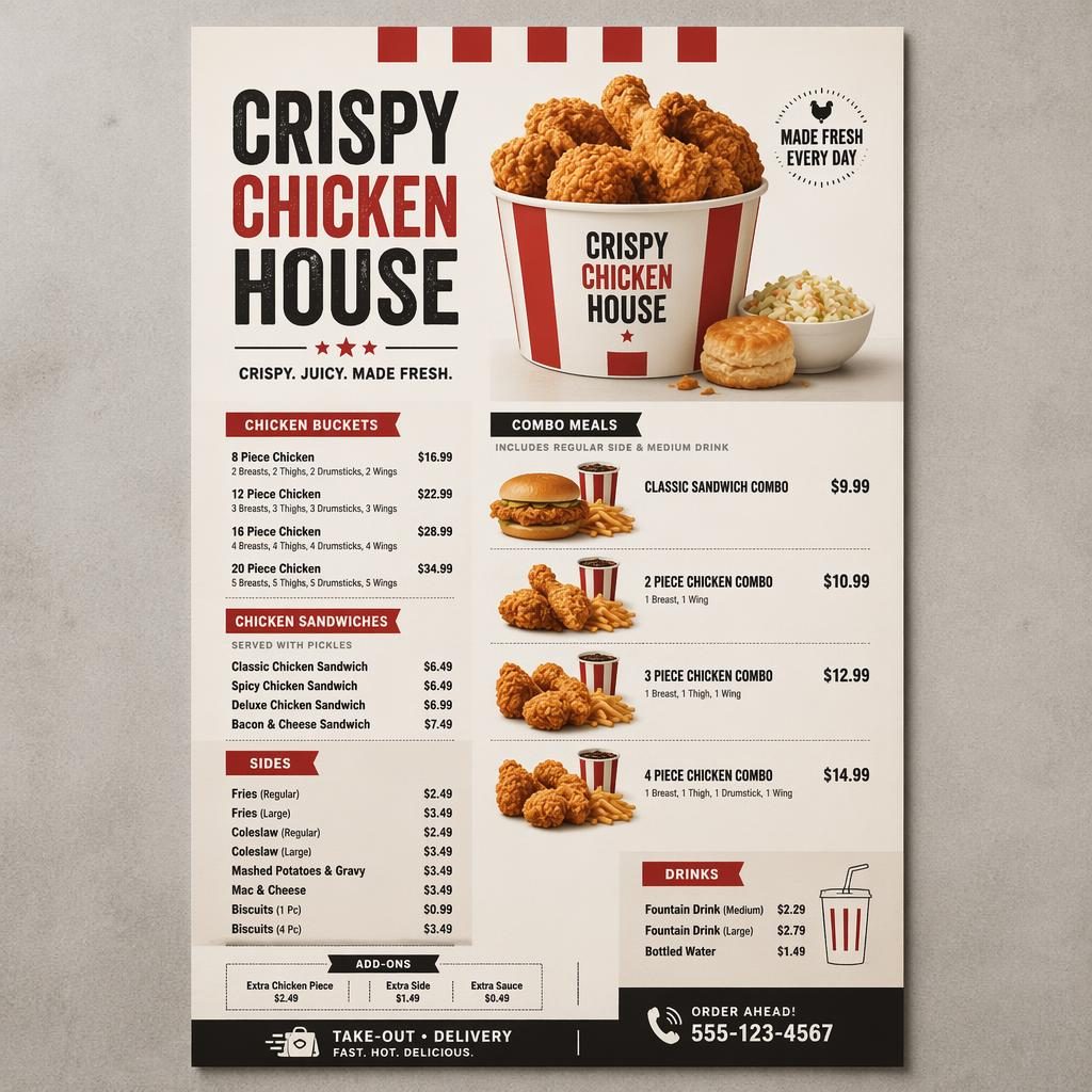 Tištěný menu card v A4 na neutrálním povrchu, monochromatický layout s kuřecími menu položkami a cenami.